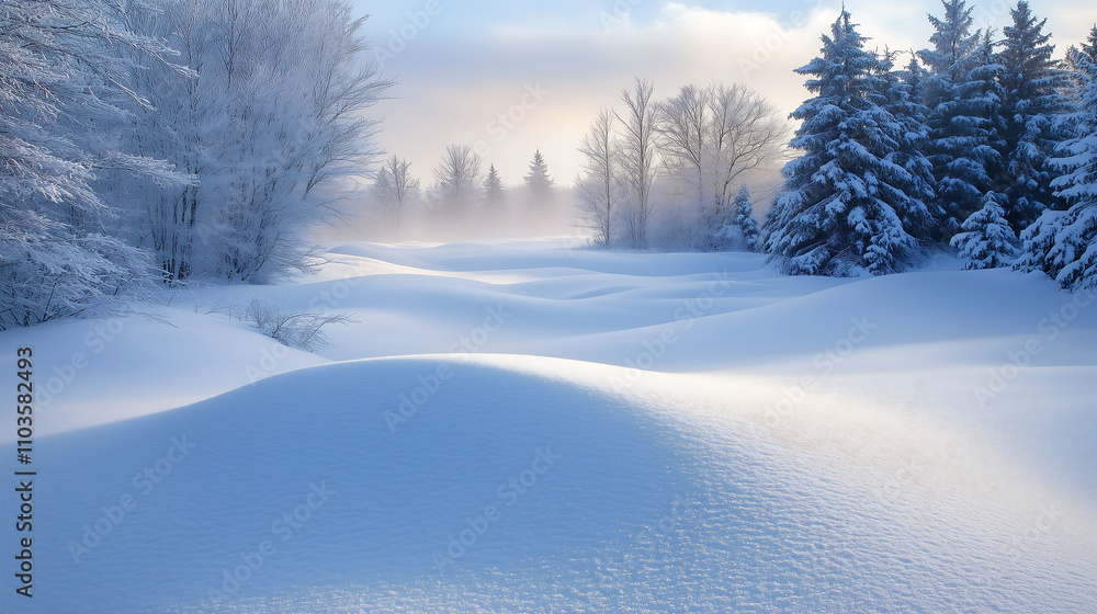 winter scene, snow-blanketed rolling hills, delicate flakes falling from a grayish-white sky, a cluster of evergreen pine trees in the background winter scene, snow-blanketed rolling hills, delicate flakes falling from a grayish-white sky, a cluster of evergreen pine trees in the background