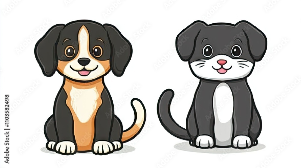 Fototapeta premium Cute Puppy and Cat Side by Side Illustration