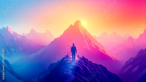 Goal to success for level up with pathway line or step route to mountain peak. human performance limit concepts. growth mindset and motivation. generative ai technology hyper realistic  photo