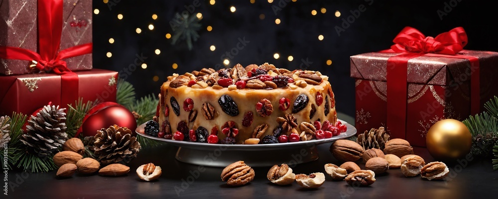 Festive Christmas cake with nuts and fruits surrounded by holiday decorations and gifts for joyful celebrations Festive Christmas cake with nuts and fruits surrounded by holiday decorations and gifts for joyful celebrations