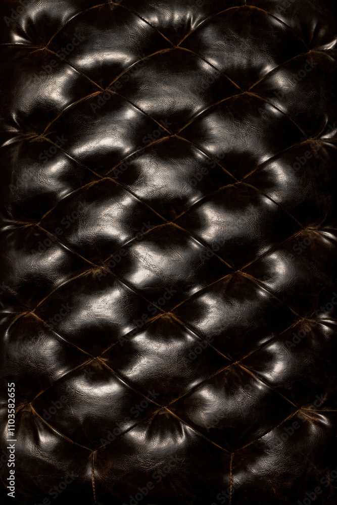 Elegant dark leather texture with intricate tufting and a glossy finish