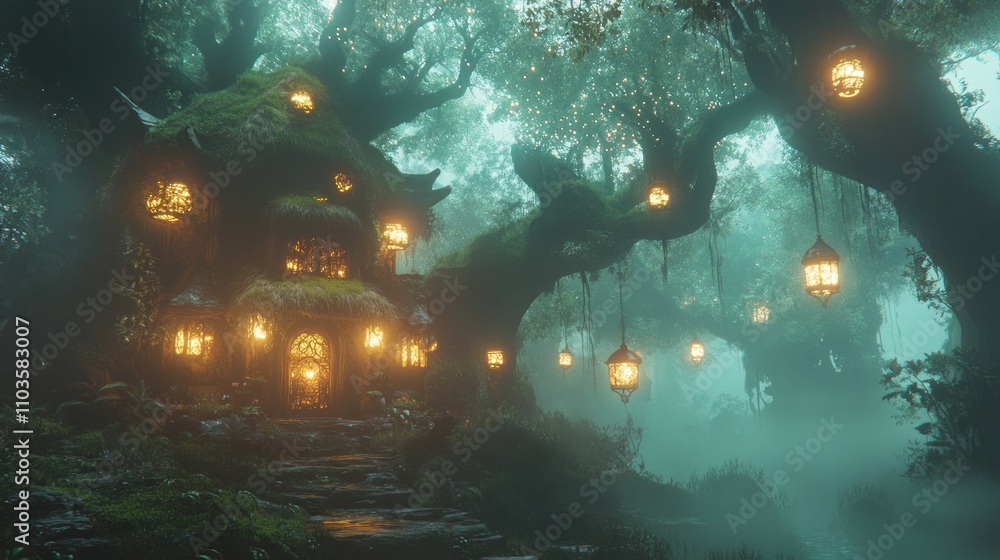 A mystical forest scene featuring a cozy, illuminated cottage surrounded by enchanting trees. A mystical forest scene featuring a cozy, illuminated cottage surrounded by enchanting trees.