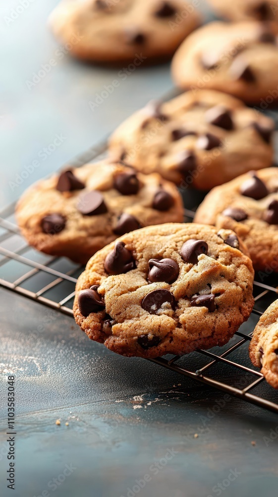 Delicious chocolate chip cookies cooling on a wire rack, showcasing their golden brown color and tempting chocolate morsels. Delicious chocolate chip cookies cooling on a wire rack, showcasing their golden brown color and tempting chocolate morsels.