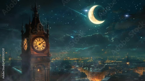 clock tower in a city with night view. Virtual 4K video animation background with looping time lapse with very smooth graphics.