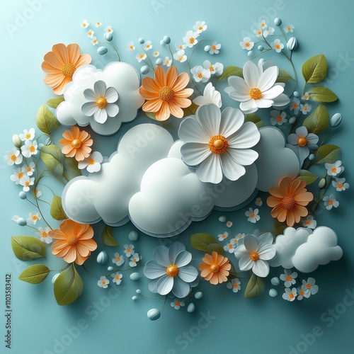 Logo design soft clouds and floral details cute style pastel green background colorful elements bright colors cartoon illustration style 3D rendering effect The logo comprises clouds and colorful 