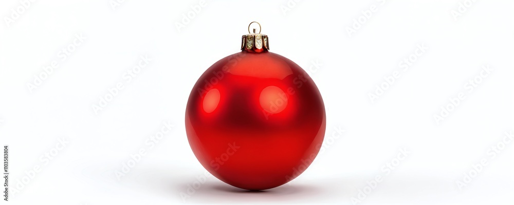 Red Christmas ornament with shiny finish placed on white background for holiday decoration and celebration Red Christmas ornament with shiny finish placed on white background for holiday decoration and celebration