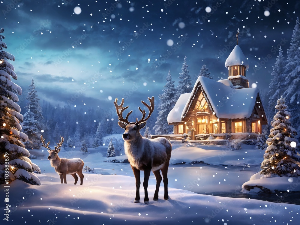 Reindeer in a snowy landscape near a cozy cabin on a winter night with falling snowflakes Reindeer in a snowy landscape near a cozy cabin on a winter night with falling snowflakes