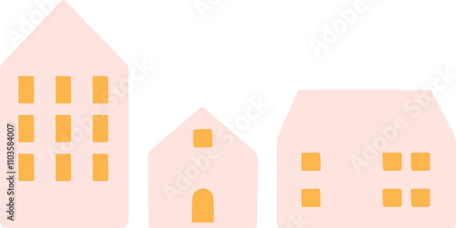 Three houses are shown in a row, with the middle one being the tallest