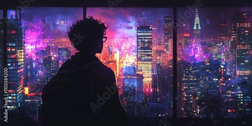 Wallpaper Mural Silhouette of Man Against Hong Kong City Lights at Night Torontodigital.ca