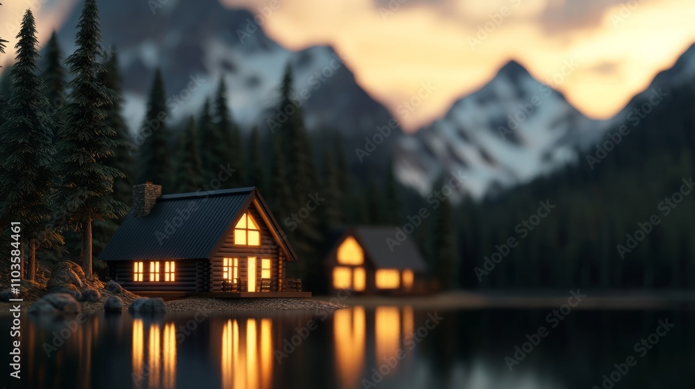 Travel exploration accommodation. A serene lakeside scene featuring cozy cabins illuminated at dusk, surrounded by towering mountains and lush forests. Travel exploration accommodation. A serene lakeside scene featuring cozy cabins illuminated at dusk, surrounded by towering mountains and lush forests.