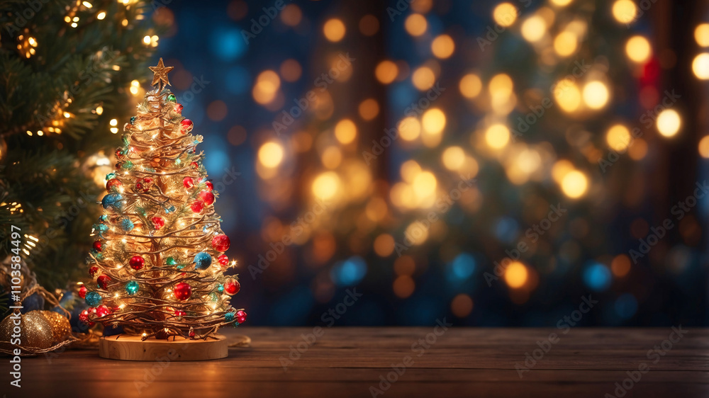 A charming mini Christmas tree with colorful lights and ornaments, set against a beautifully blurred background. A charming mini Christmas tree with colorful lights and ornaments, set against a beautifully blurred background.
