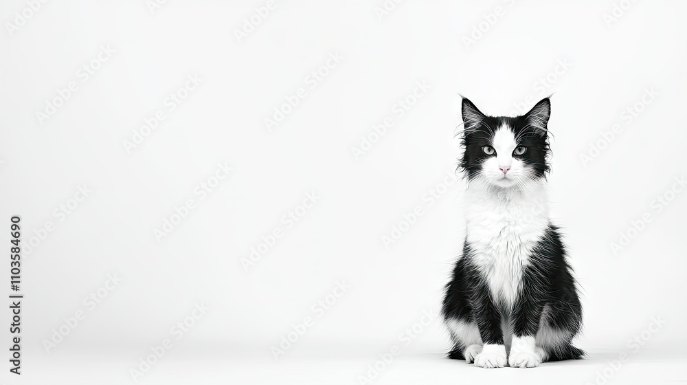 Fototapeta premium Black and White Cat Sitting Upright on Clean Background