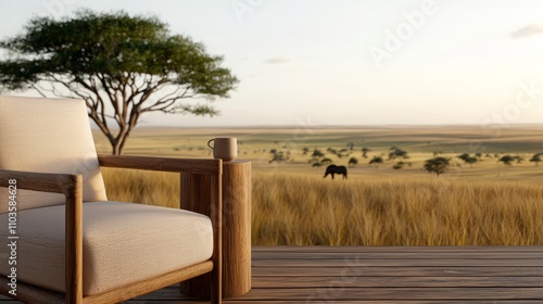 Travel exploration accommodation. A serene landscape featuring a wooden chair overlooking a vast savanna with an elephant in the distance and a lone tree under a clear sky. photo