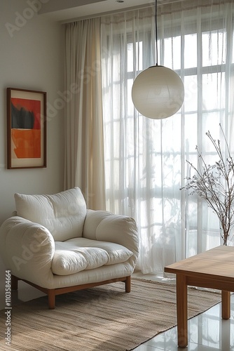 A living room with windows and an armchair. A living room with a combination of Scandinavian and japandi interiors. Generative AI
