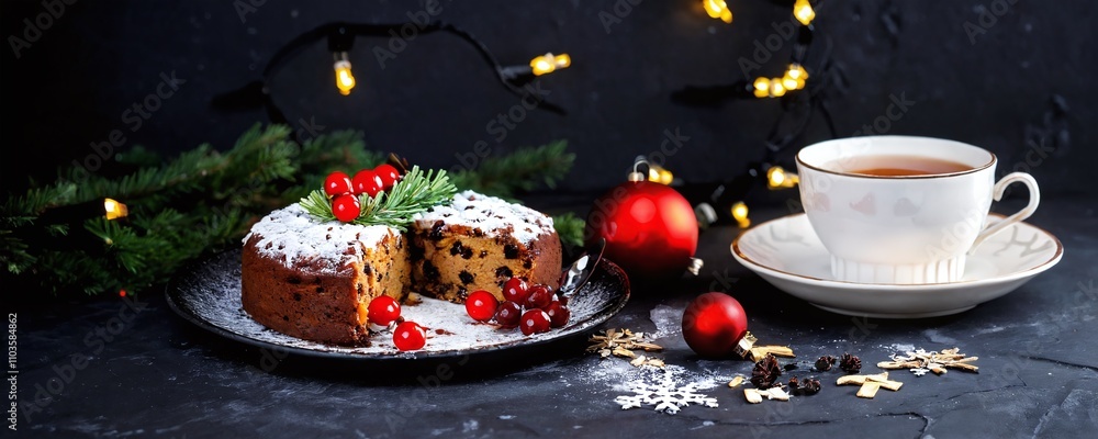 Holiday Christmas dessert display with fruitcake, decorative elements, and a cup of tea on a dark table Holiday Christmas dessert display with fruitcake, decorative elements, and a cup of tea on a dark table