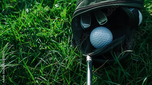 A golf bag resting on grass, featuring a golf ball and clubs, ready for a game. photo