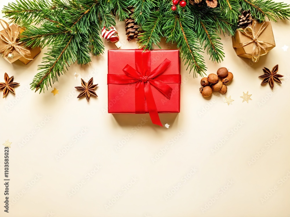 Festive holiday arrangement with red gift box and natural decorations on a light background Festive holiday arrangement with red gift box and natural decorations on a light background