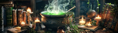 A mystical scene featuring a bubbling cauldron surrounded by ancient books, glowing candles, and ethereal smoke, evoking a sense of magic and alchemy.