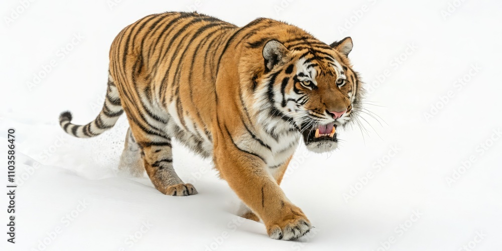 Obraz premium Majestic Angry Tiger Walking Towards Camera - Stunning Drone Photography Isolated on White Background for Wildlife Enthusiasts and Nature Lovers