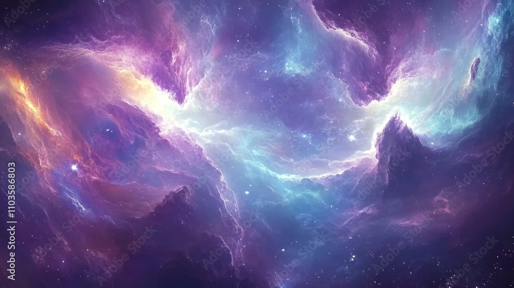 A vibrant cosmic scene depicting swirling nebulae in shades of purple and blue. A vibrant cosmic scene depicting swirling nebulae in shades of purple and blue.