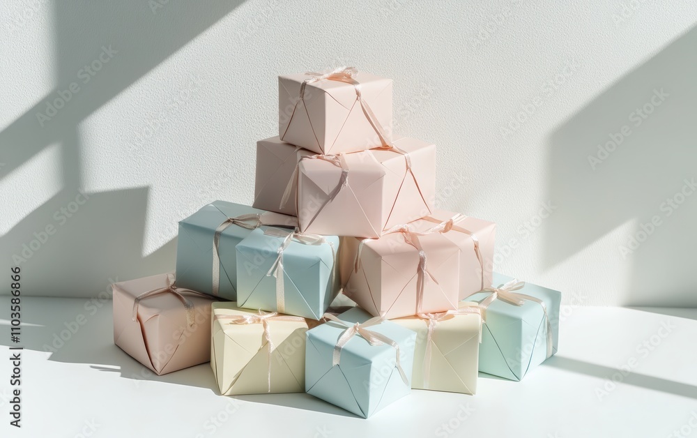 A pyramid of tiny gift boxes in pastel colors, tied with minimalist ribbons, placed on a white surface - A pyramid of tiny gift boxes in pastel colors, tied with minimalist ribbons, placed on a white surface -