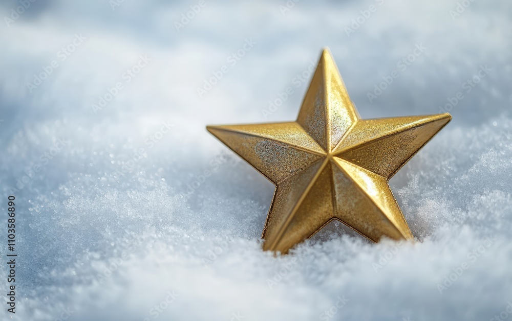 A minimalist golden Christmas star ornament resting on a snowy white background A minimalist golden Christmas star ornament resting on a snowy white background