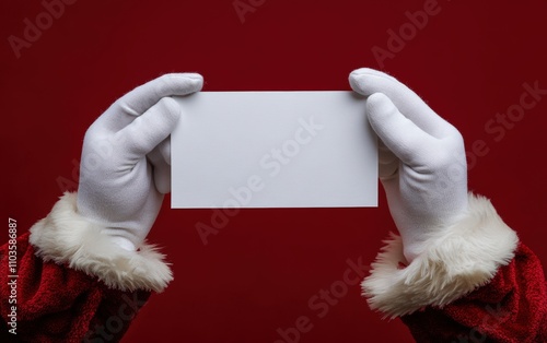 Santa holding a white card. The card is blank and the santa is wearing white gloves