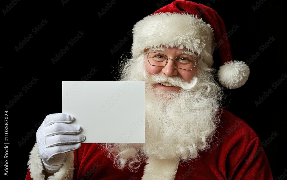 Santa holding a white card. The card is blank and the santa is wearing white gloves Santa holding a white card. The card is blank and the santa is wearing white gloves