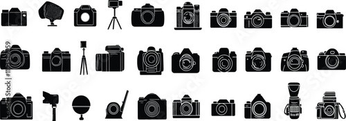 Camera Icon Silhouettes on a Dark Background,Modern Camera Silhouettes in Creative Composition
