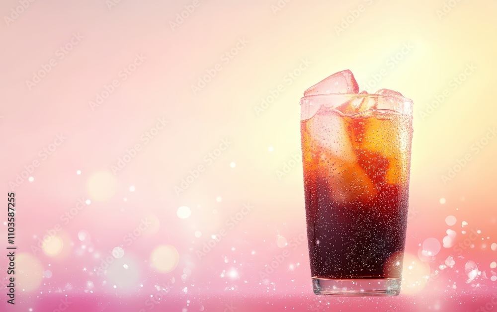A refreshing glass of cola with fizzy bubbles and ice cubes on a bright, clean background A refreshing glass of cola with fizzy bubbles and ice cubes on a bright, clean background