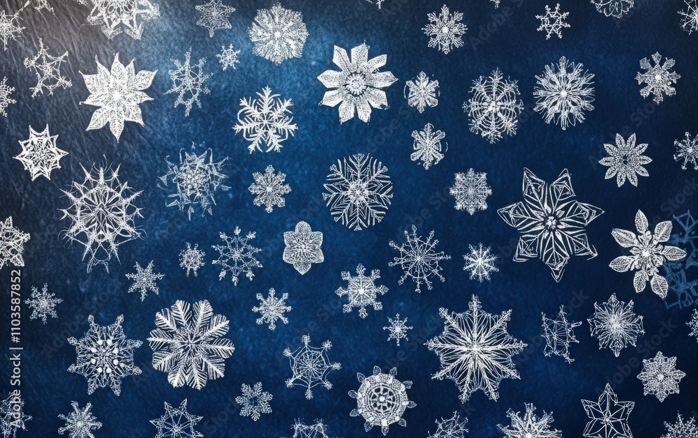 A seamless background of snowflakes in various intricate designs, softly glowing on a dark blue gradient A seamless background of snowflakes in various intricate designs, softly glowing on a dark blue gradient