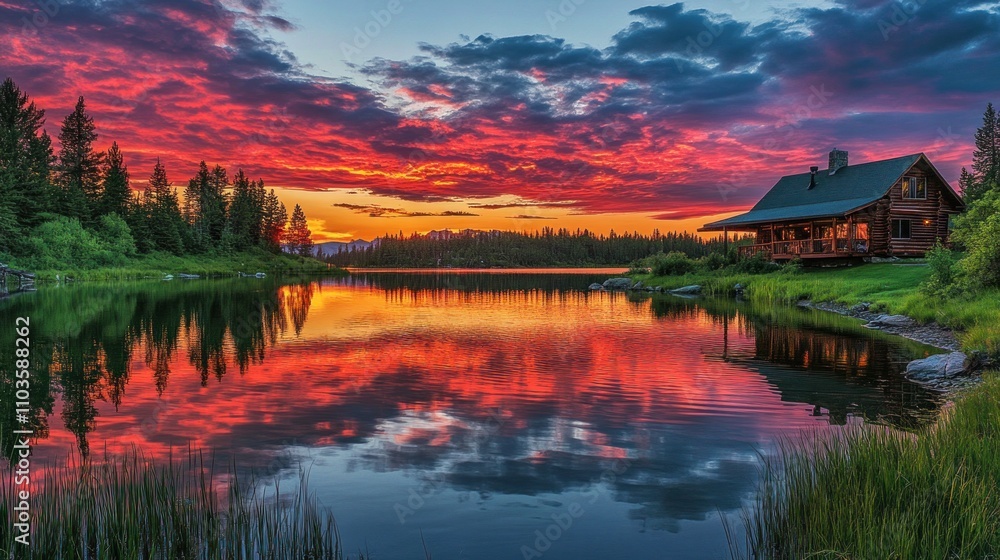 Fototapeta premium Cabin by the Lake at Sunset
