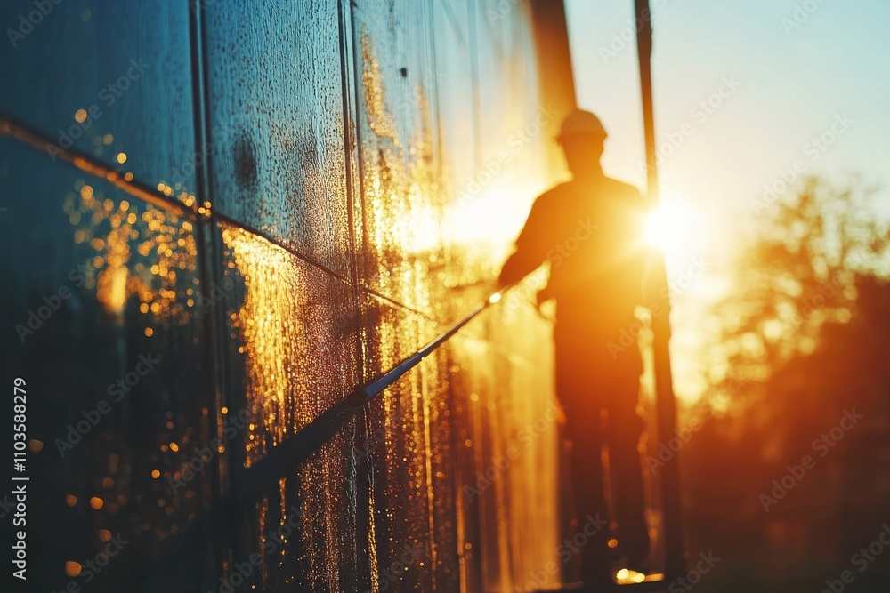 Fototapeta premium Worker Using Sprayer on House Siding in Bright Sunlight