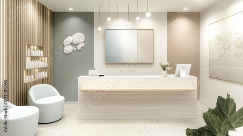 Bright and cozy color palette for a modern podiatry clinic, soft whites, light beiges, warm greys, hints of light pastels like mint green, soft blue, and blush pink, natural wood tones photo