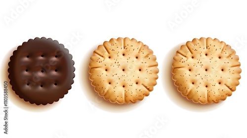 A variety of cookies displayed, including a chocolate-covered cookie and two plain cookies. photo