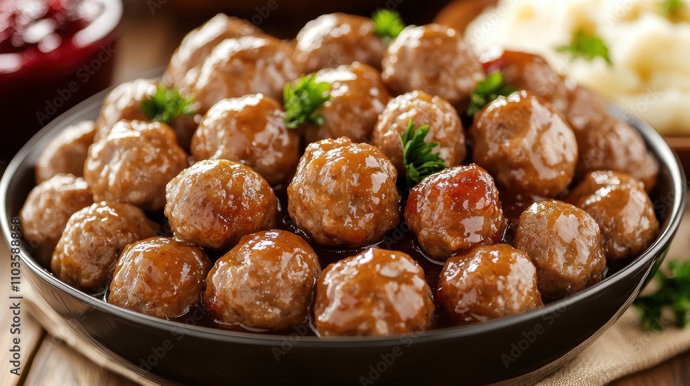 Delicious Homemade Meatballs in Rich Sauce on Rustic Table Delicious Homemade Meatballs in Rich Sauce on Rustic Table