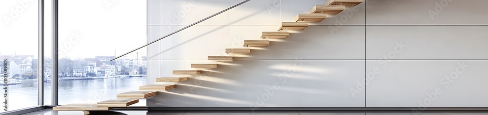 A modern wooden staircase in a minimalist interior with large windows and a scenic view. A modern wooden staircase in a minimalist interior with large windows and a scenic view.