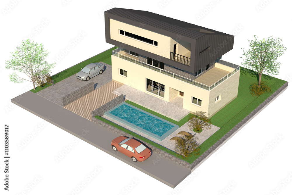 3D architectural rendering of a modern two-story house with a contemporary design. The upper floor features a dark, box-like structure with a slanted roof, and it extends slightly over the lower level 3D architectural rendering of a modern two-story house with a contemporary design. The upper floor features a dark, box-like structure with a slanted roof, and it extends slightly over the lower level