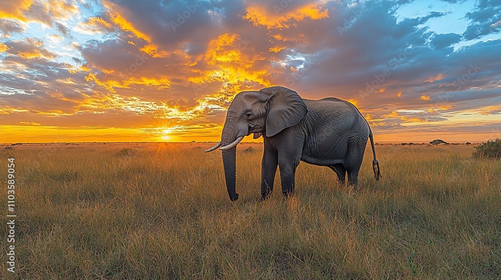 Naklejka premium Here's a caption and keywords for your stock photo.. Majestic elephant silhouetted against a vibrant African sunset.