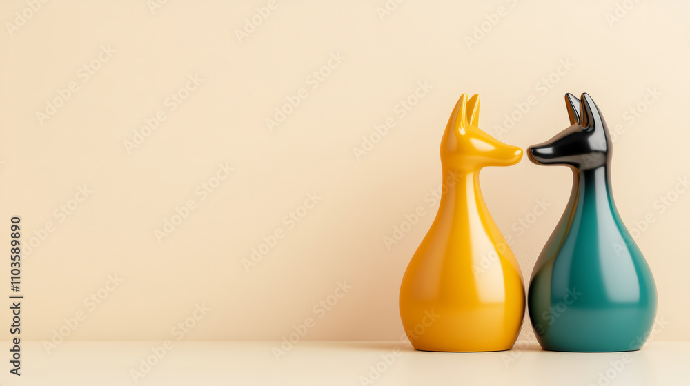 Two stylized ceramic animal figures, one yellow and one turquoise, facing each other on a minimalist beige background, creating a modern and artistic display. Two stylized ceramic animal figures, one yellow and one turquoise, facing each other on a minimalist beige background, creating a modern and artistic display.