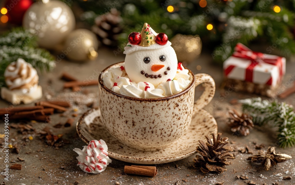A small snowman made of marshmallows sitting in a cup of hot chocolate with holiday-themed toppings A small snowman made of marshmallows sitting in a cup of hot chocolate with holiday-themed toppings