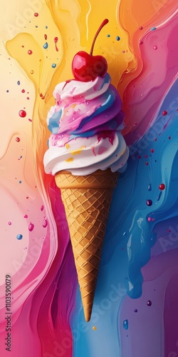 Logo design illustrating a cheerful ice cream cone with colorful scoops and a cherry on top, surrounded by playful swirls. The cute style and bright colors evoke happiness, enhanced by a cartoon 