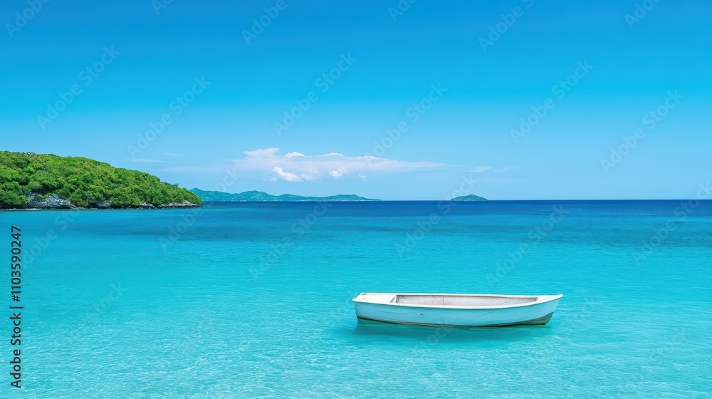Serene Beach View with Clear Water and Lonely White Boat Serene Beach View with Clear Water and Lonely White Boat