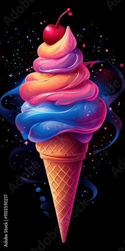 Logo design illustrating a cheerful ice cream cone with colorful scoops and a cherry on top, surrounded by playful swirls. The cute style and bright colors evoke happiness, enhanced by a cartoon 
