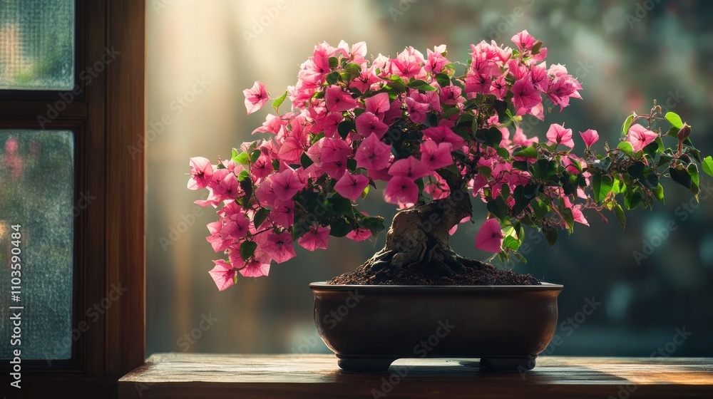 A vibrant bonsai plant with pink flowers, beautifully displayed near a window. A vibrant bonsai plant with pink flowers, beautifully displayed near a window.