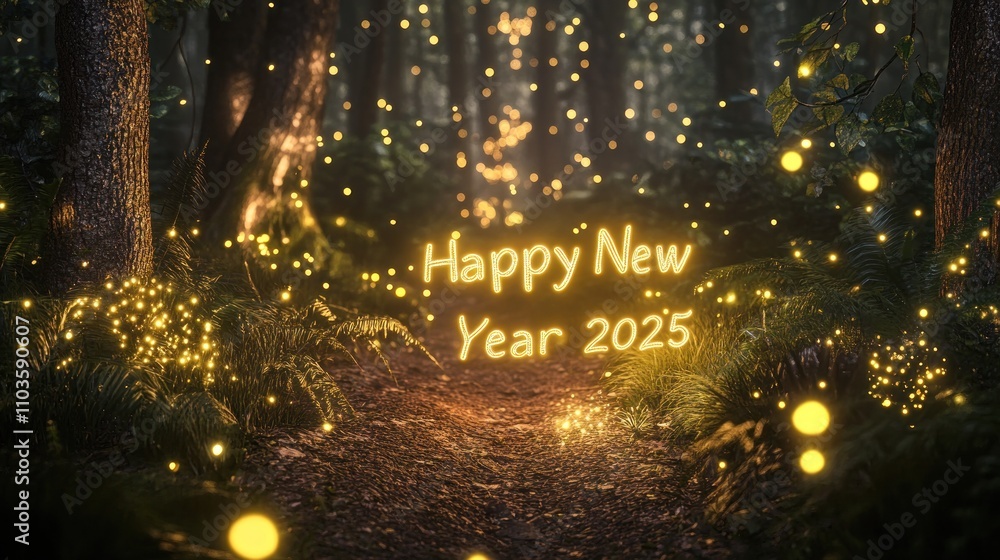 Naklejka premium A serene forest with fireflies spelling