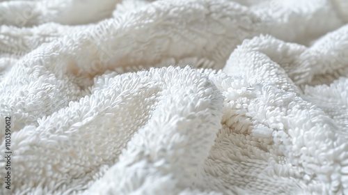 A close-up of a soft, textured white fabric, highlighting its fluffy and inviting appearance.