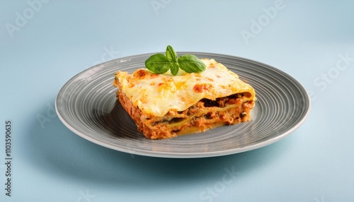 Piece of tasty hot lasagna on a plate. Tradishional Italian food photo