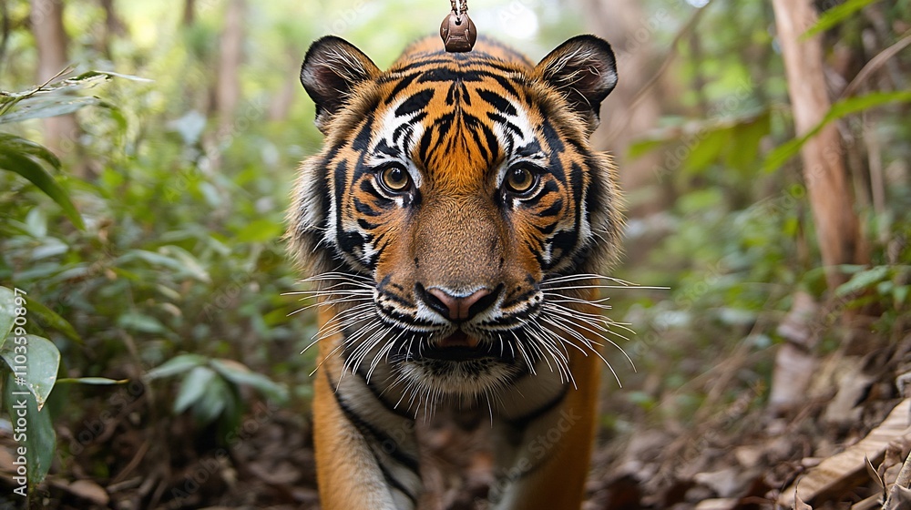 Here's a caption and keywords for your stock photo.. Majestic tiger stares intensely, a small insect perched on its head, amidst lush green foliage. Here's a caption and keywords for your stock photo.. Majestic tiger stares intensely, a small insect perched on its head, amidst lush green foliage.