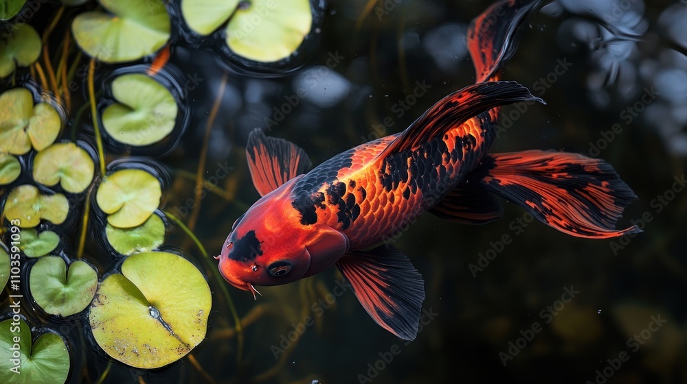 Obraz premium A vibrant koi fish swimming among lily pads in a serene pond.